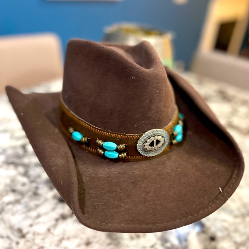 Brown Western Felt Cowboy Hat with Turquoise Bead Band